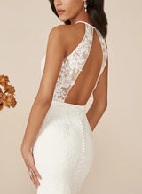Elastic Satin Mermaid Fitted Halter Sleeveless Sweep Train Wedding Dresses Appliques Lace-Dbrbridal