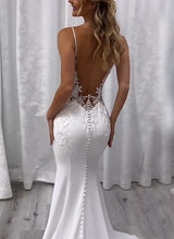 Elastic Satin Mermaid Fitted Wedding Dresses Sleeveless Sweep Train-Dbrbridal