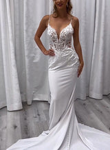 Elastic Satin Mermaid Fitted Wedding Dresses Sleeveless Sweep Train-Dbrbridal