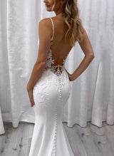 Elastic Satin Mermaid Fitted Wedding Dresses Sleeveless Sweep Train-Dbrbridal