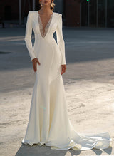 Elastic Satin Sequined Wedding DressesMermaid Fitted V-Neck Long Sleeves-Dbrbridal