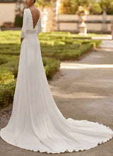 Elastic Satin Wedding Dresses Chic A-line 3 4 Sleeves Court Train-Dbrbridal