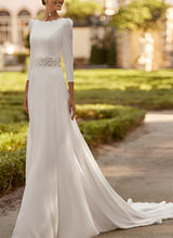 Elastic Satin Wedding Dresses Chic A-line 3 4 Sleeves Court Train-Dbrbridal
