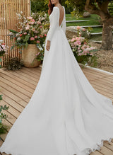 Elastic Satin Wedding Dresses Scoop Neck Long Sleeves Court Train-Dbrbridal