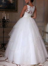 Elegant Ball-Gown Wedding Dresses Featuring Scoop Neck Lace Tulle Fabric Cascading Ruffles-Dbrbridal