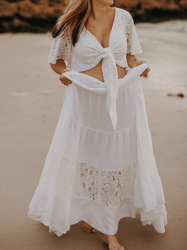 Elegant Bohu Wedding Dresses V-neck Short Sleeve Natural Waist Lace A-Line  Floor Length Bridal Wedding Gowns – Dbrbridal