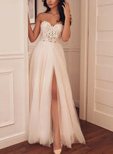 Elegant Chic A-line Elegant Sweetheart Lace Tulle Wedding Dresses Front Split-Dbrbridal