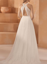 Elegant Chic A-line Halter Sleeveless Wedding Dress Featuring Lace Tulle Appliques Lace-Dbrbridal