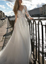 Elegant Chic A-line Illusion Neck Long Sleeves Sweep Train Lace Tulle Wedding Dresses-Dbrbridal