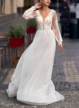 Elegant Chic A-line Long Sleeves Sweep Train Lace Tulle Wedding Dresses-Dbrbridal
