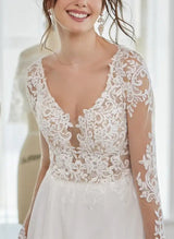 Elegant Chic A-line V-neck Wedding Dresses Long Sleeves Split Front-Dbrbridal