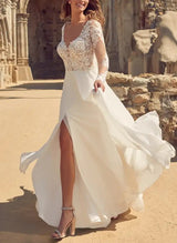 Elegant Chic A-line V-neck Wedding Dresses Long Sleeves Split Front-Dbrbridal