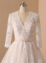 Elegant Chic A-line Wedding Dresses V-Neck Long Sleeves Lace Tulle Sash-Dbrbridal