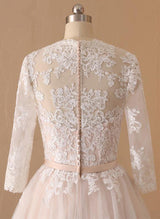 Elegant Chic A-line Wedding Dresses V-Neck Long Sleeves Lace Tulle Sash-Dbrbridal