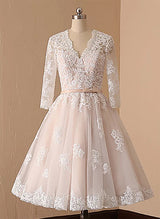 Elegant Chic A-line Wedding Dresses V-Neck Long Sleeves Lace Tulle Sash-Dbrbridal