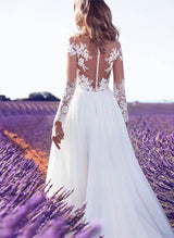 Elegant Chiffon Lace Wedding Dresses Split Front Chic A-line V-Neck Long Sleeves-Dbrbridal
