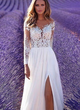 Elegant Chiffon Lace Wedding Dresses Split Front Chic A-line V-Neck Long Sleeves-Dbrbridal