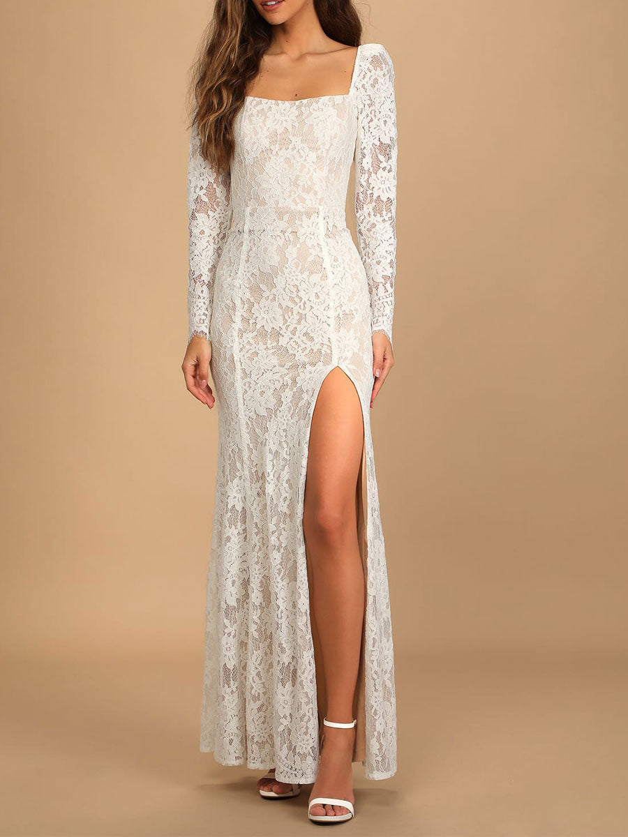 Elegant Engagement Dress Square Neck Long Sleeves Backless Natural Wai