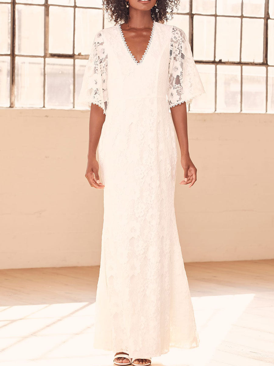 chinese dress ladies Elegant Engagement Dress V Neck Half Sleeves Natural Waist Floor Lengt –  Dbrbridal