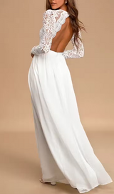 Elegant Engagement Dress V Neck Long Sleeves Natural Waist Backless Floor Length A Line Lace Chiffon Engagement Dress-Dbrbridal