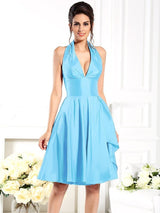 Elegant Halter Sleeveless Short Taffeta Bridesmaid Dresses-Dbrbridal