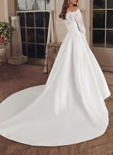 Elegant Illusion Neck Long Sleeves Sweep Train Lace Satin Wedding Dresses-Dbrbridal