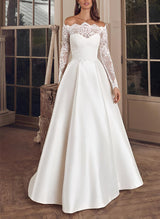 Elegant Illusion Neck Long Sleeves Sweep Train Lace Satin Wedding Dresses-Dbrbridal