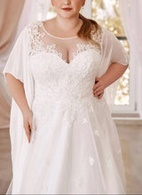 Elegant Lace Chic A-line Wedding Dresses Illusion Neck Short Sleeves for Plus Size-Dbrbridal