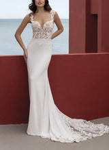 Elegant Lace Elastic Satin Mermaid Fitted Wedding Dresses-Dbrbridal