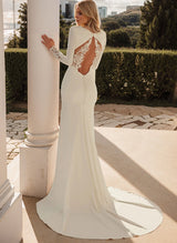 Elegant Lace Elastic Satin Mermaid Fitted Wedding Dresses V-Neck Long Sleeves-Dbrbridal