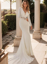 Elegant Lace Elastic Satin Mermaid Fitted Wedding Dresses V-Neck Long Sleeves-Dbrbridal