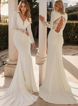 Elegant Lace Elastic Satin Mermaid Fitted Wedding Dresses V-Neck Long Sleeves-Dbrbridal