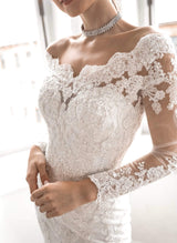 Elegant Lace Long Sleeve Off-Shoulder Wedding Dresses-Dbrbridal