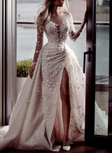Elegant Lace Long Sleeve Wedding Dress Slit-Dbrbridal