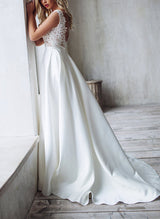 Elegant Lace Satin Wedding Dresses Chic A-line V-Neck Sleeveless Design-Dbrbridal