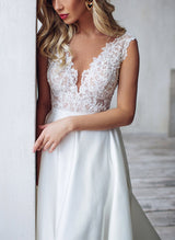 Elegant Lace Satin Wedding Dresses Chic A-line V-Neck Sleeveless Design-Dbrbridal