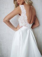 Elegant Lace Satin Wedding Dresses Chic A-line V-Neck Sleeveless Design-Dbrbridal