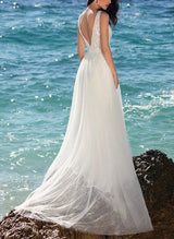 Elegant Lace Tulle Summer Beach Wedding Dresses Chic A-line V-Neck Sleeveless-Dbrbridal