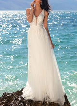 Elegant Lace Tulle Summer Beach Wedding Dresses Chic A-line V-Neck Sleeveless-Dbrbridal