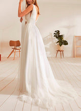 Elegant Lace Tulle Wedding Dress Chic A-line V-neck Sweep Train-Dbrbridal