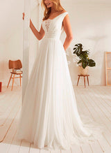 Elegant Lace Tulle Wedding Dress Chic A-line V-neck Sweep Train-Dbrbridal