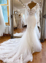 Elegant Lace Tulle Wedding Dress Mermaid Fitted V-Neck Sheer Lace Sleeves-Dbrbridal