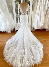 Elegant Lace Tulle Wedding Dress Mermaid Fitted V-Neck Sheer Lace Sleeves-Dbrbridal