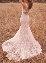 Elegant Lace Tulle Wedding Dresses Mermaid Fitted Illusion Neck-Dbrbridal