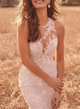 Elegant Lace Tulle Wedding Dresses Mermaid Fitted Illusion Neck-Dbrbridal