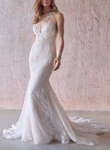 Elegant Lace Tulle Wedding Dresses Mermaid Fitted Illusion Neck-Dbrbridal
