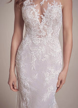 Elegant Lace Tulle Wedding Dresses Mermaid Fitted Illusion Neck-Dbrbridal