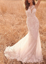 Elegant Lace Tulle Wedding Dresses Mermaid Fitted Illusion Neck-Dbrbridal