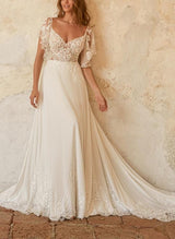 Elegant Lace Tulle Wedding Dresses Removable Sleeves-Dbrbridal