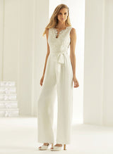Elegant Lace V-neck Sleeveless Jumpsuit Pantsuit Wedding Dress-Dbrbridal